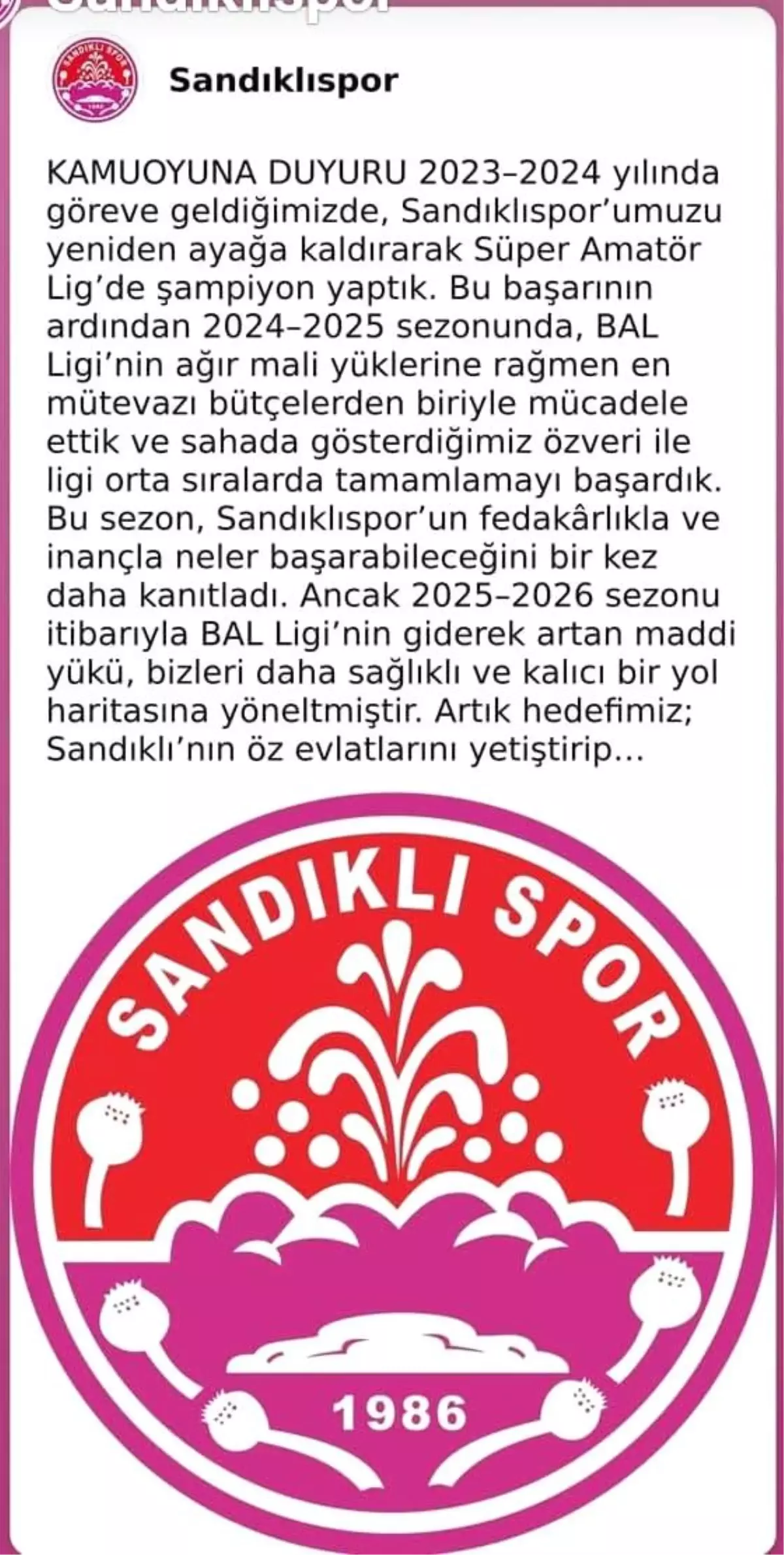 Sandıklıspor BAL’a Katılmayacak